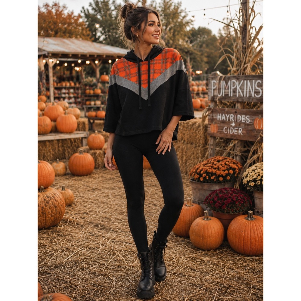 Flirtitude Active XL Black Orange Plaid Cropped Hoodie Oversized Y2K Grunge
